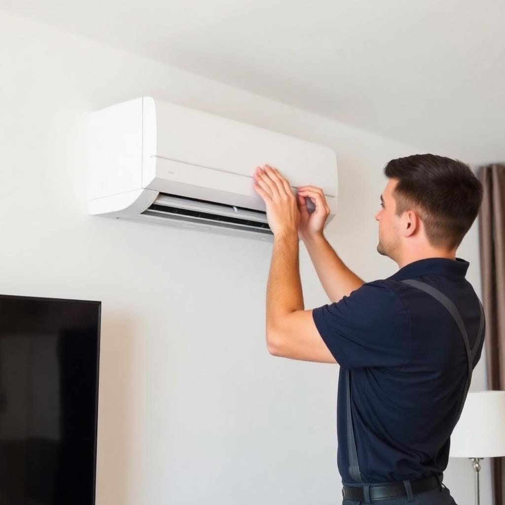 Técnico instalando un equipo de aire acondicionado split en la pared