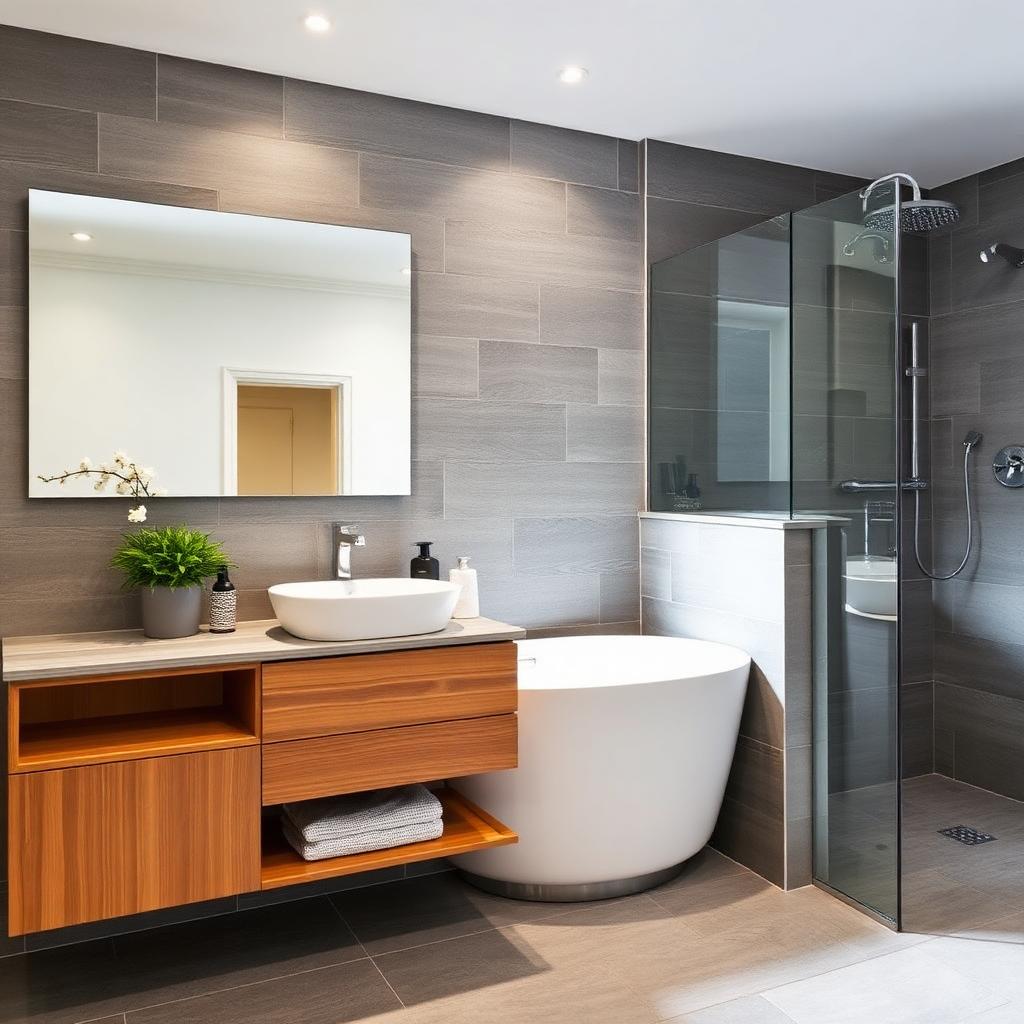 Baño reformado con azulejo gris de gran formato, mueble de madera y ducha con mampara