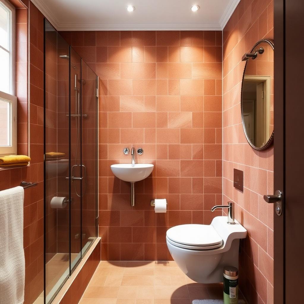 Baño pequeño reformado con azulejo terracota y mampara de cristal