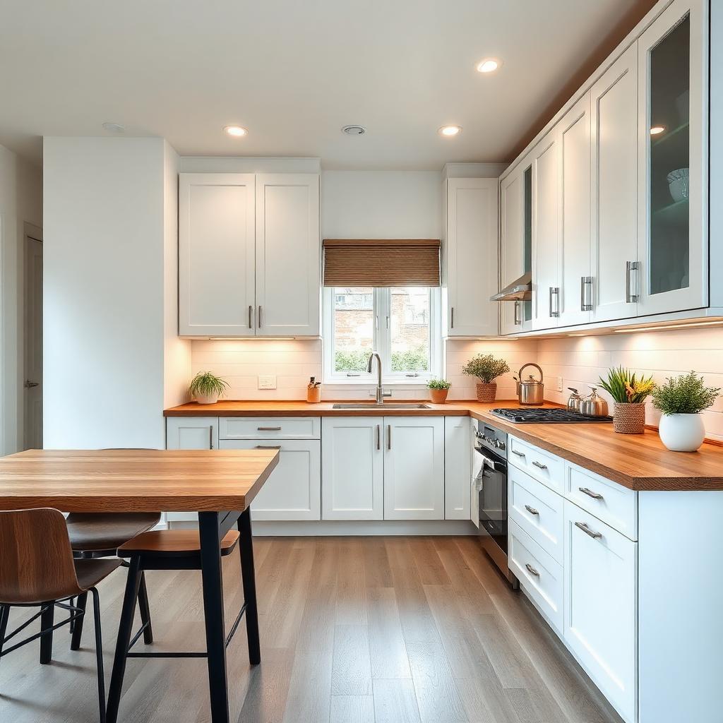 Cocina reformada con muebles blancos y encimera de madera