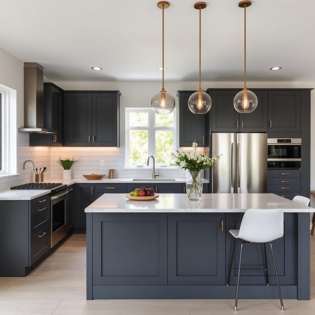 Cocina moderna con muebles gris oscuro, isla y lámparas colgantes